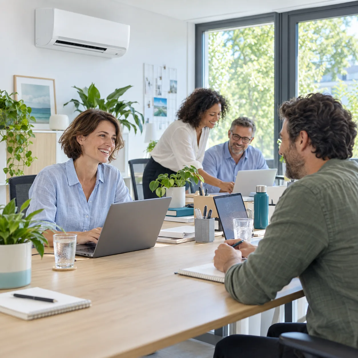 Équipe au frais dans des bureaux climatisés