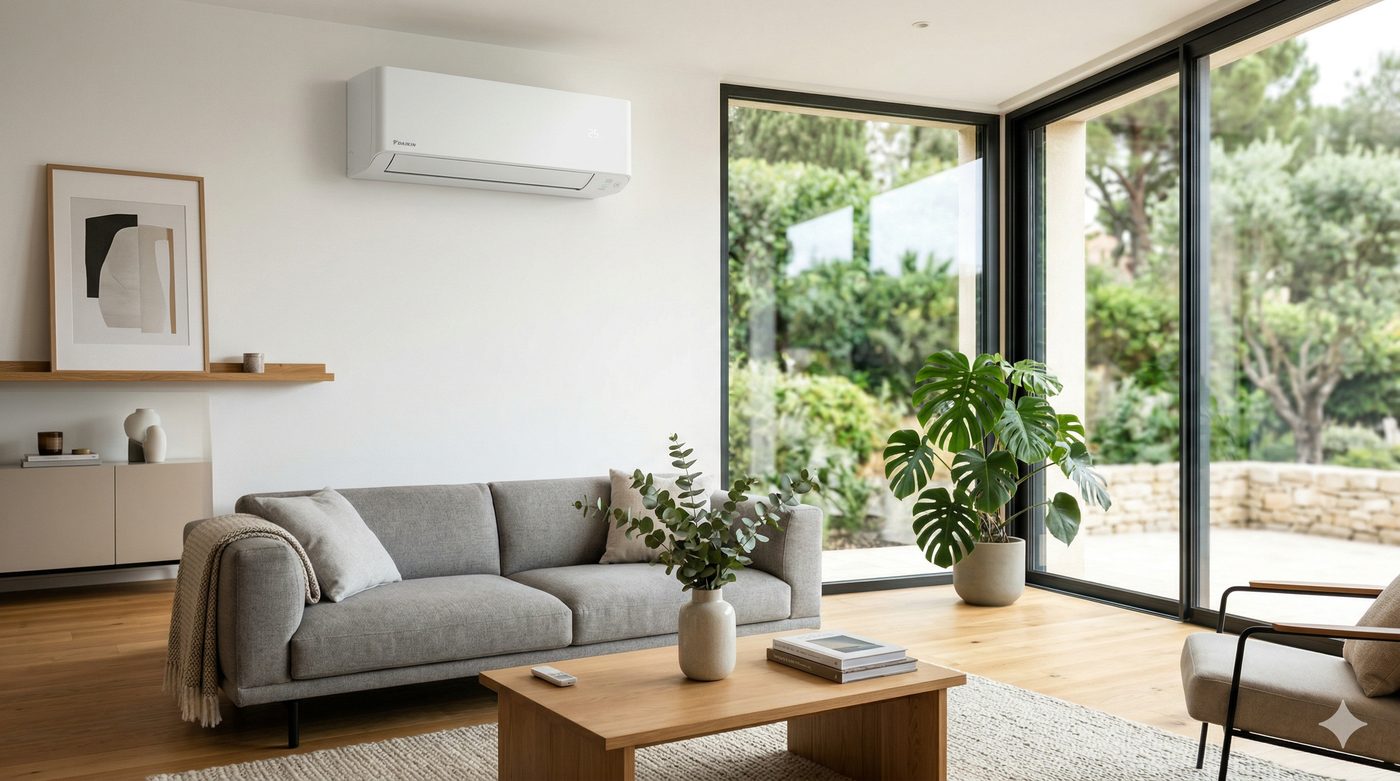 Salon lumineux équipé d'une climatisation réversible